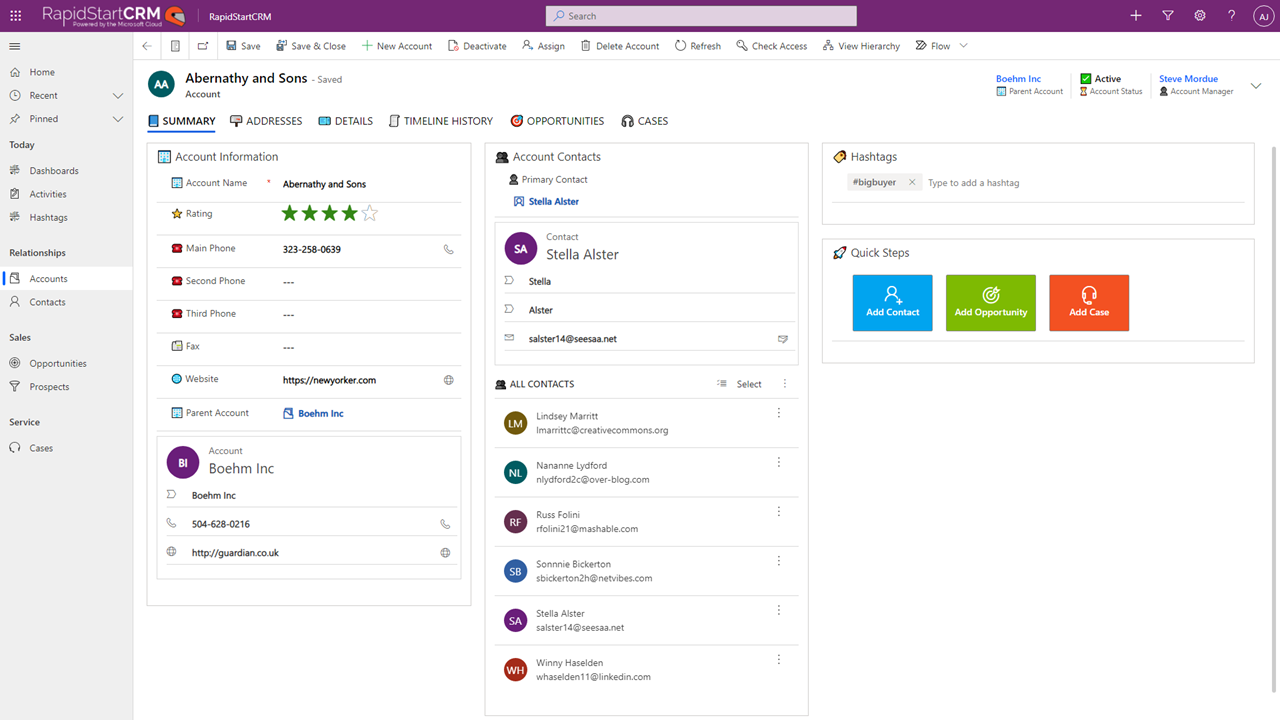 screenshot of RapidStart CRM